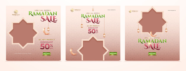 Set of Ramadan sale banner template with ornament moon,lantern and soft background for social media post