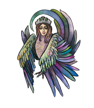 Sirin. A fabulous mythical creature. A legend character. A bird of paradise with the face of a beautiful woman. Multi-colored iridescent feathers. Watercolour illustration.