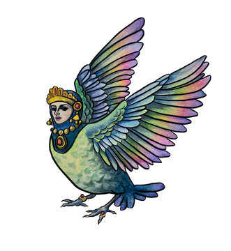 Alconost. A fabulous mythical creature. A legend character. A bird of paradise with the face of a beautiful woman. Multi-colored iridescent feathers. Watercolour illustration.