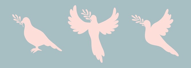 Obraz premium Dove of peace, dove of peace with an olive branch on a blue background. Flat design, vector illustration, vector.