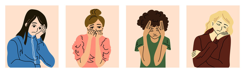 Sad girl. Girls feel grief, despair, sadness. Multinational characters. Set of vector illustrations.