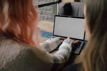 two happy young women sitting in coffee shop looking at laptop computer. rear view
