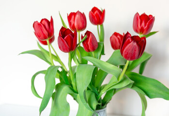 Obraz premium Red tulips in a vase on the shelf at home. Bouquet for Mothers day, home decoration