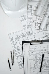 architect design working drawing sketch plans blueprints and making architectural construction model in architect studio long banner