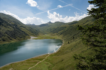 wonderful lake in the mountains with tree in the foreground