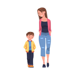 Fototapeta premium Mother Walking and Talking to Her Puzzled Son Supporting and Soothing Him Vector Illustration