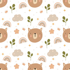 Seamless pattern with cute cat. Vector illustration.