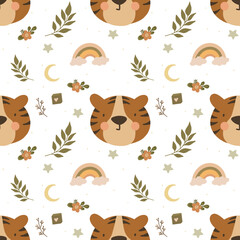 Seamless pattern with cute tiger. Vector illustration.