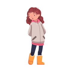 Little Puzzled Girl Standing and Talking to Somebody Vector Illustration