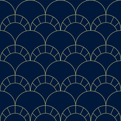 Obraz premium Blue art deco seamless pattern. Vintage mermaid scale. Abstract floral fan. Geometric shape. Vector stock illustration