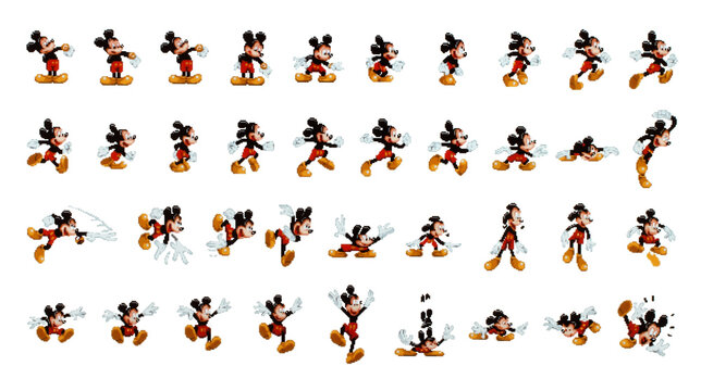 Set of Mickey Mouse moves, pixel art of Mickey Mania classic video game