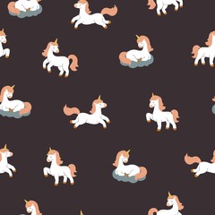 Cute dreaming unicorns seamless pattern. Vector background with magic ponies. Scandinavian boho style, nursery illustration.