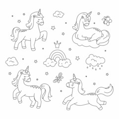 Cute dreaming unicorn set. Black outline. Vector characters with clouds, stars, rainbow. Coloring page, line art