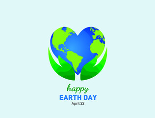 Earth day concept vector illustration. Green eco friendly design. Earth map love shape with green leaf. Save the Earth concept. Happy Earth Day, 22 April.