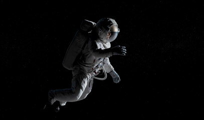Full portrait of Caucasian female astronaut during spacewalk, black deep space background © supamotion