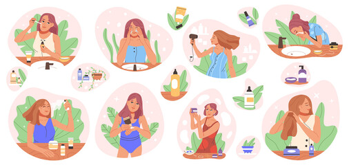 Beauty skin care, face cleanser and moisturiser, doodle cosmetic skincare routine. Cartoon beautiful girls takes care of skin and hair vector symbols illustrations. Self care treatments
