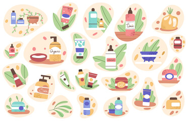Skincare products, beauty skin care lotion, shampoo tubes and bottles, organic soap. Beauty cosmetic, skin care scrub, cream and cleanser vector symbols illustrations. Herbal cosmetic products