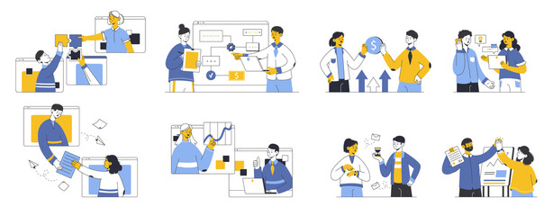 Fototapeta premium Business people team conversation, discussion and presentation, office workflow. Outline business team, office workers vector symbols illustrations set. Brainstorming and communication
