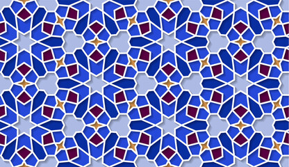 Arabic seamless girih pattern with classic islamic culture ornament. Colorful tiled background with shadow.