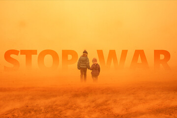Two homeless little girl walking between dust and storm