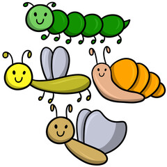 A set of cute cartoon illustrations with insects and beetles, flying butterflies and snails, cute insects with smiles