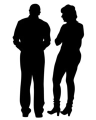 Young man and woman are standing next to each other. Isolated silhouette on a white background