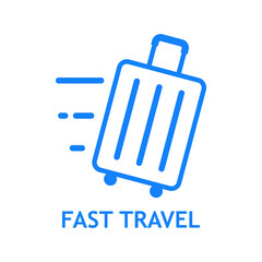 Logo suitcase. Banner con texto Fast Travel y silueta de maleta con ruedas con líneas de velocidad en color azul