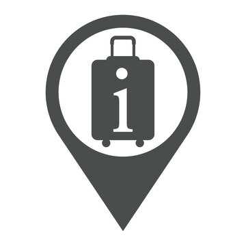 recommend clip art: Logo suitcase. Icono plano con silueta de maleta con ruedas con letra i en puntero de posición color gris