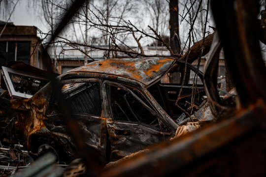 Burnt Car After Being Hit By A Rocket In Kyiv