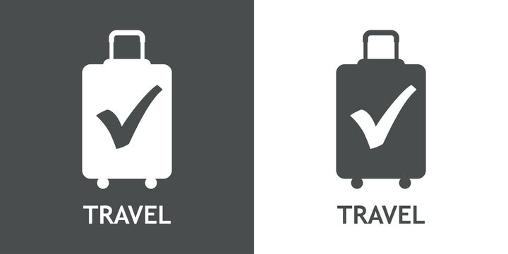 Logo suitcase. Compra online. Banner con texto Travel y silueta de maleta con ruedas como casilla de verificación con checkmark en fondo gris y fondo blanco