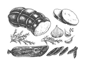 sausage loaf and sliced ​​pieces, isolated elements two types of sausage loaf and sliced ​​slices, isolated elements, rosemary branches, graphic drawing by hands