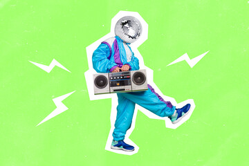 Illustration of male dude walking dancer hold boom box player retro chill have disco ball on head...