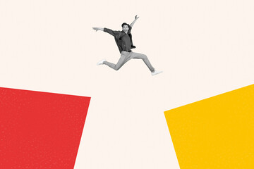 Cartoon like stylized picture image youngster guy jumping imaginary cliff succeed luck concept on top of world isolated pop artwork background