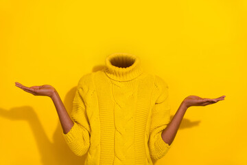 Conceptual photo image headless girl portrait raise two arms demonstrating novelty promotion no emotions just business isolated on yellow background - obrazy, fototapety, plakaty