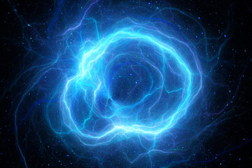 Blue glowing circular plasma lightning in space - 497122502