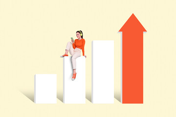 Photo picture of young girl sitting pedestal using new smart phone earphones innovation effects check pop chart music channel