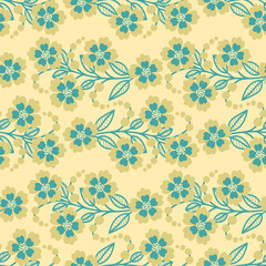Flower ornament on a yellow background. Abstract floral pattern. Seamless background.  Decoration for fabric, wallpaper, wrapping. Decorative print.