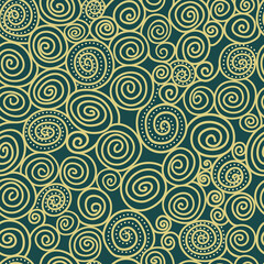 Seamless vector background. Curly waves and spirals on a green background. Abstract pattern. Decoration for fabric, wallpaper, wrapping. Decorative print. Graphic ornament.