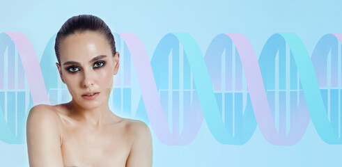 Portrait of a sensual woman among DNA chains on a blue background. The concept of genetics and...