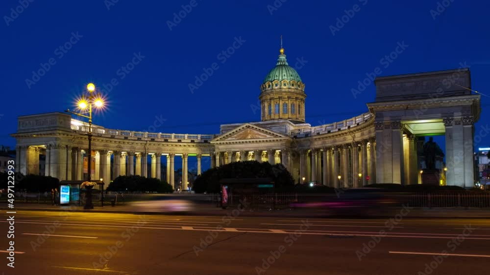 Poster st petersburg, russia. illuminated cathedral of our lady of kazan, russian orthodox church in saint 