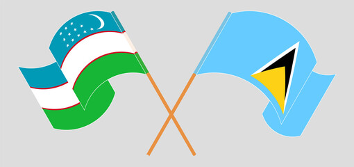 Crossed and waving flags of Uzbekistan and Saint Lucia