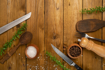 Frame from kitchen appliances. Knife, fork, spice spoon
