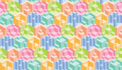 Abstract colorful 3d geometric seamless pattern. Isometric optical illusion modern background.