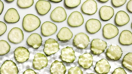 Wide angle top view shot of wave flowing from bottom over cucumber slices arranged in rows on white background | beauty product background, cleanser commercial