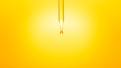 Macro shot of cchemical dropper with clear liquid dropping from it on yellow background | Abstract skincare ingredients formulation concept
