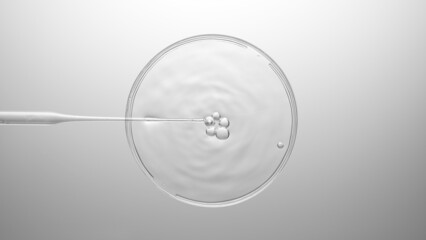 Air bubbles comes out from chemical dropper and floating on the surface of transparent fluid in...