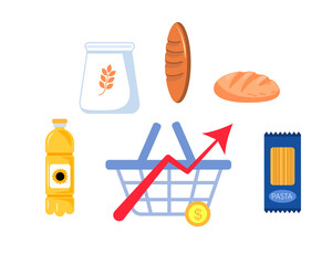 Global food shortages and rising prices. A grocery basket with a set of products