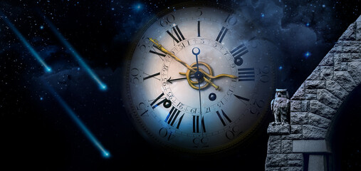 Old antique watch on the starry sky background with stone arch decorated with a sculpture of a mythical owl. Philosophy image of time transience.
