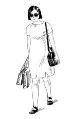 Outline drawing of young city woman in sun glasses with shopping bags walking outdoor on summer day