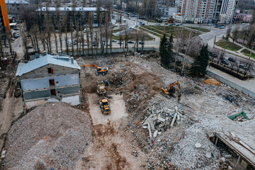 Aerial view of demolition site. Process of demolition of old industrial building